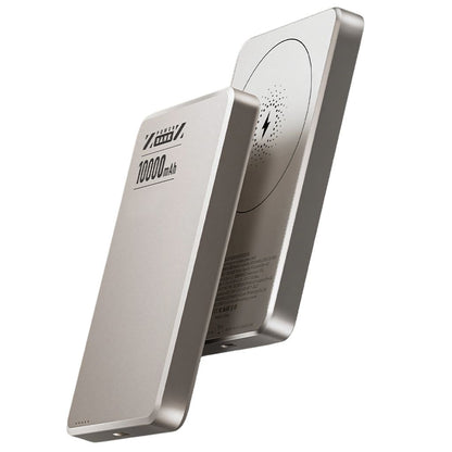 Ultra-slim aluminum power bank with sleek design, available in black, gray, or purple; ideal for portable device charging.