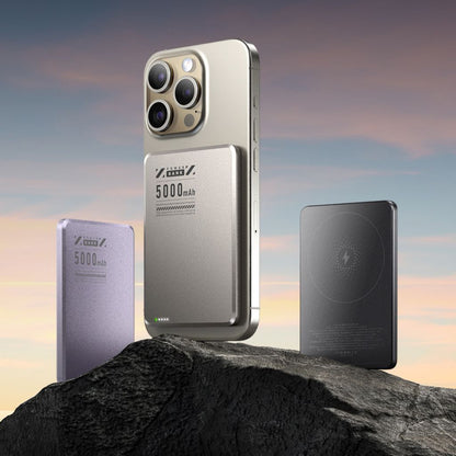 Ultra-slim aluminum power bank with sleek design, available in black, gray, or purple; ideal for portable device charging.