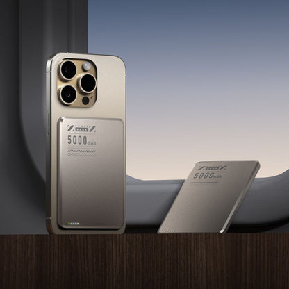 Ultra-slim aluminum power bank with sleek design, available in black, gray, or purple; ideal for portable device charging.