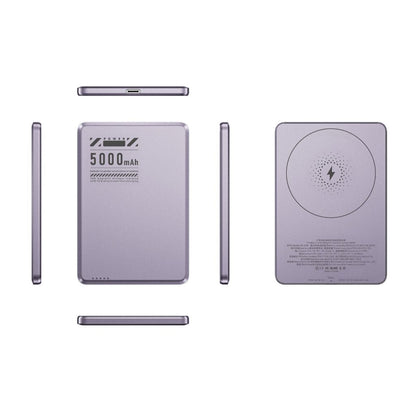 Ultra-slim aluminum power bank with sleek design, available in black, gray, or purple; ideal for portable device charging.