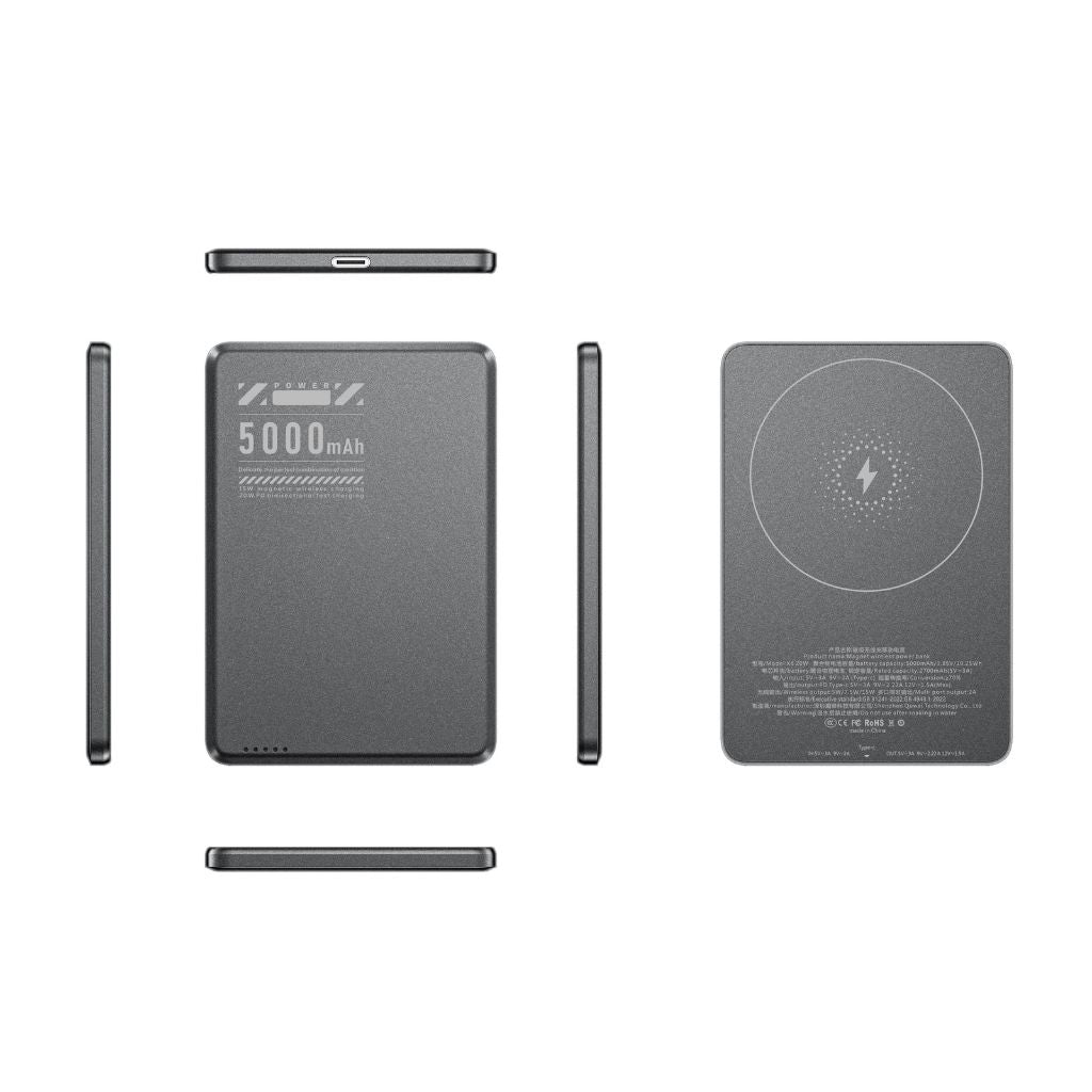 Ultra-slim aluminum power bank with sleek design, available in black, gray, or purple; ideal for portable device charging.