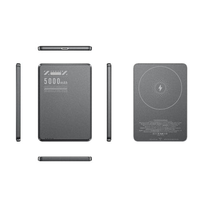 Ultra-slim aluminum power bank with sleek design, available in black, gray, or purple; ideal for portable device charging.