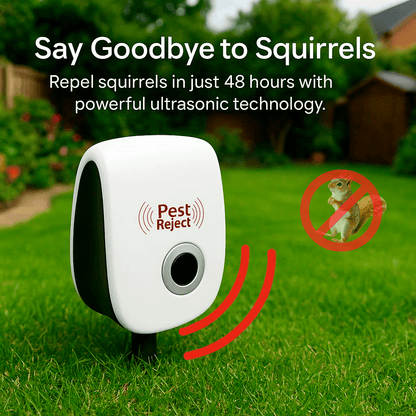 "Ultrasonic squirrel repeller device for outdoor pest control, eco-friendly, silent, blends into garden décor, effective"