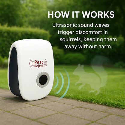 "Ultrasonic squirrel repeller device for outdoor pest control, eco-friendly, silent, blends into garden décor, effective"