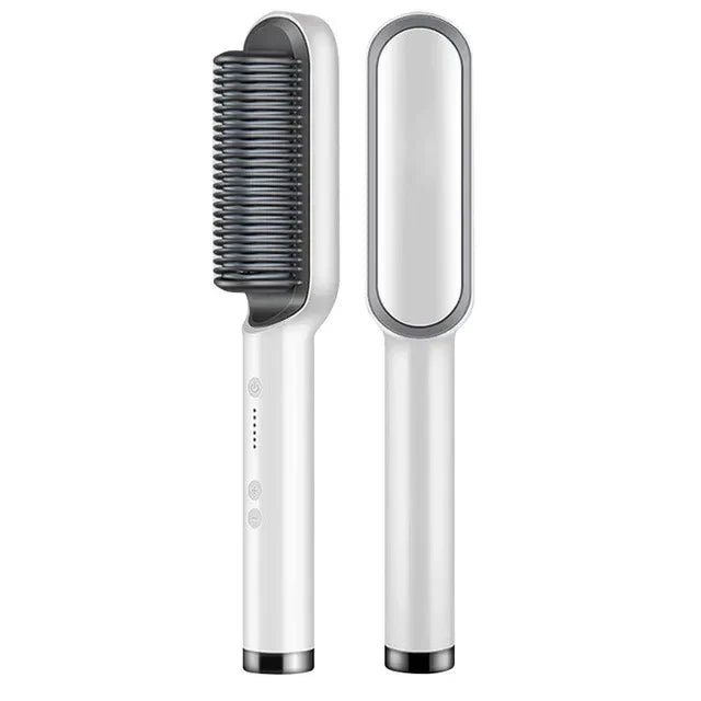 "Unisex 2-in-1 Hair Straightening & Curling Brush with ergonomic handle and ceramic bristles, versatile styling tool."
