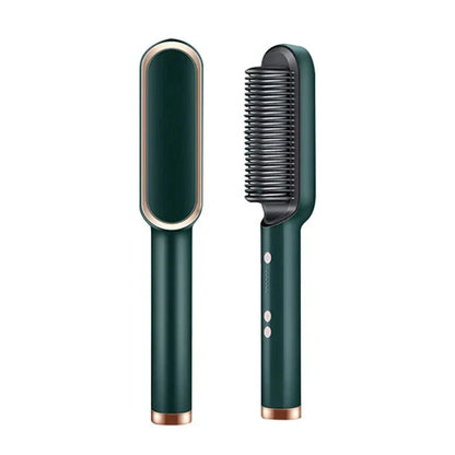 "Unisex 2-in-1 Hair Straightening & Curling Brush with ergonomic handle and ceramic bristles, versatile styling tool."