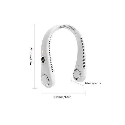 Unisex 5-speed bladeless neck cooling fan in headphone style, offering portable, hands-free, 360-degree airflow comfort.