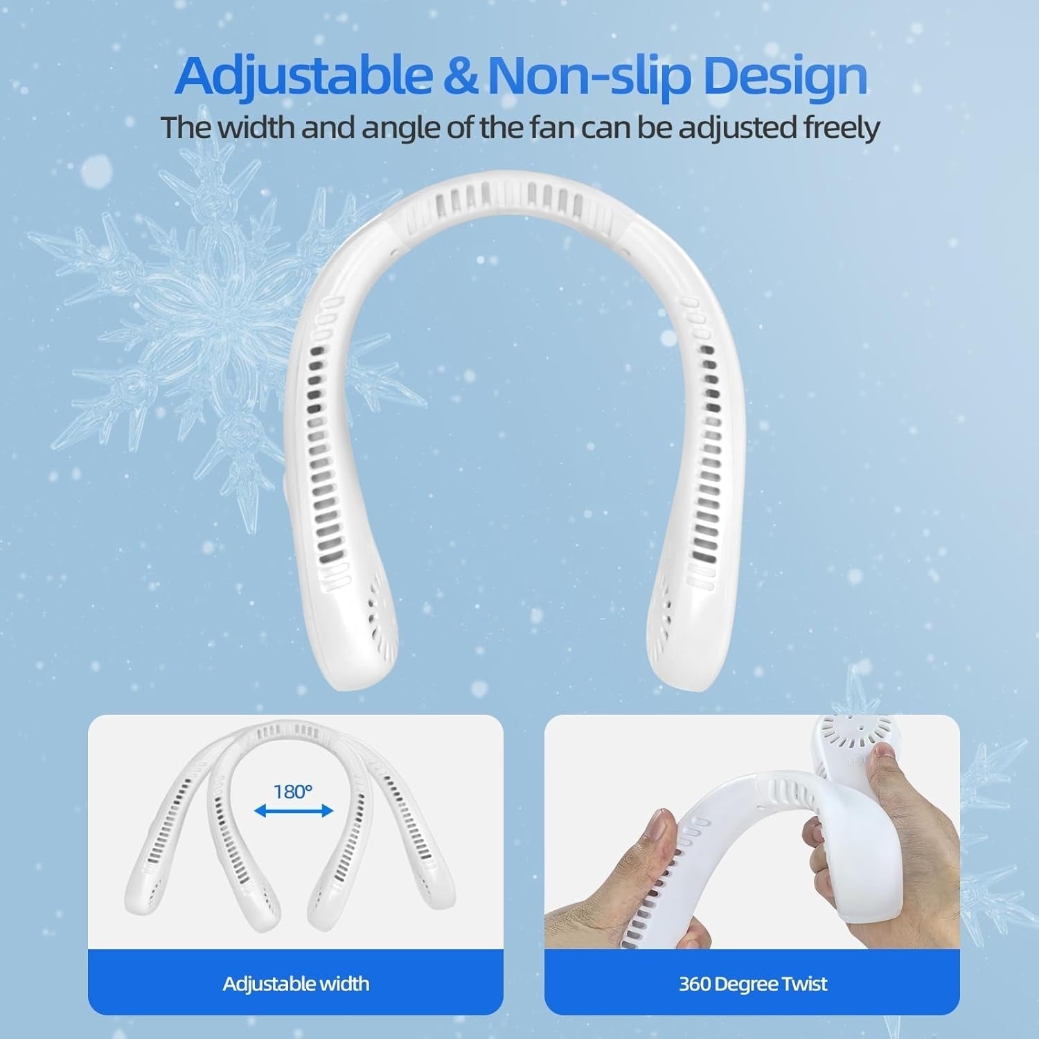 Unisex 5-speed bladeless neck cooling fan in headphone style, offering portable, hands-free, 360-degree airflow comfort.