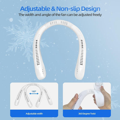 Unisex 5-speed bladeless neck cooling fan in headphone style, offering portable, hands-free, 360-degree airflow comfort.