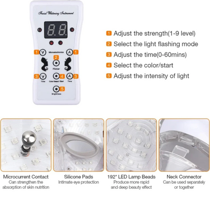 "Unisex 7 Colours LED Photon Light Therapy Mask with Neck for skincare, featuring adjustable LED lights and neck coverage."