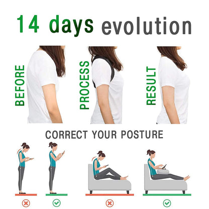 "Unisex adjustable back brace posture corrector, sleek black neoprene, ideal for men and women, promotes better posture."