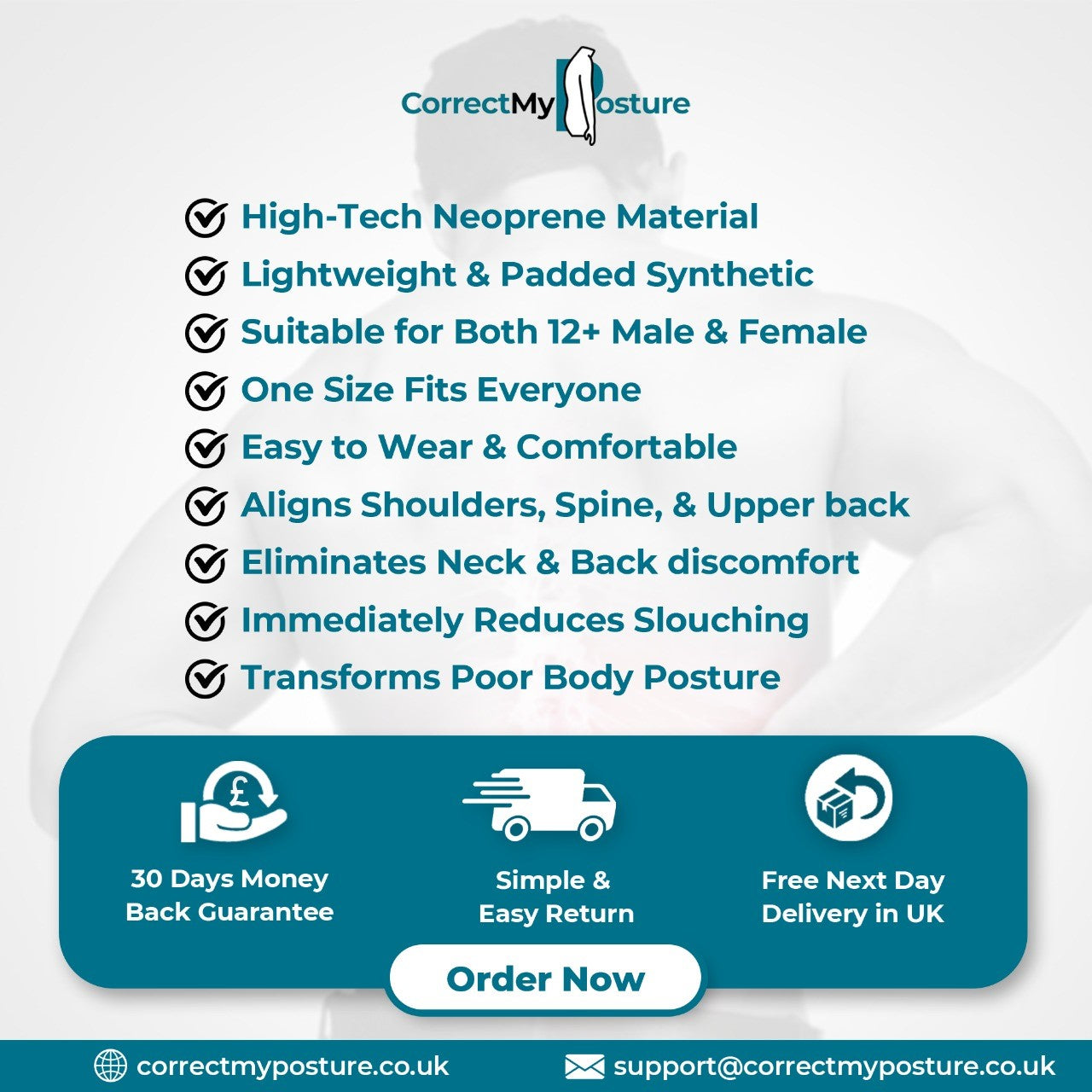 "Unisex adjustable back brace posture corrector, sleek black neoprene, ideal for men and women, promotes better posture."