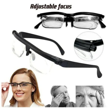 Unisex adjustable focus glasses with sleek design and polycarbonate frame for near and far sight, suited for any head size.