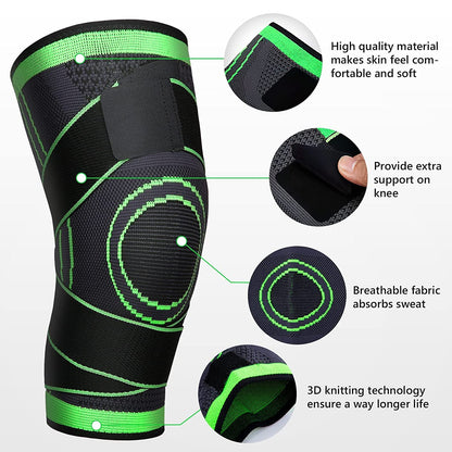Unisex Aeroflux knee support brace for pain relief with adjustable straps, shown securely wrapped around a leg for stability.