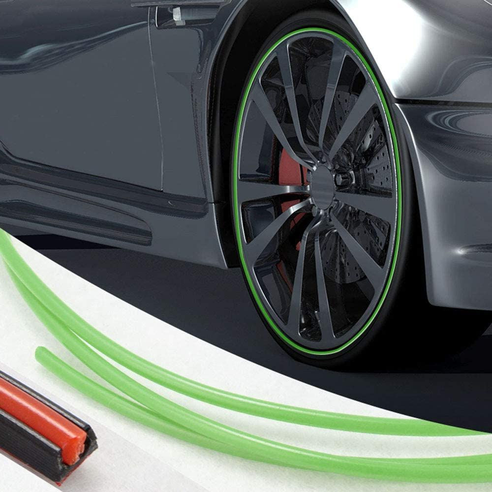 "Unisex alloy wheel rim protector, high adhesion, prevents kerb scrapes, vibrant colors, DIY installation, durable rubber."