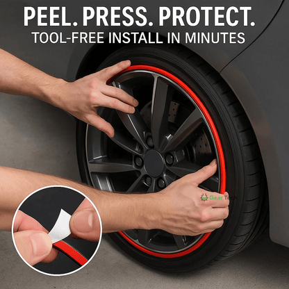"Unisex alloy wheel rim protector, high adhesion, prevents kerb scrapes, vibrant colors, DIY installation, durable rubber."