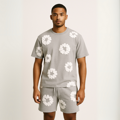 Unisex cotton wreath summer set with black base and white floral print; T-shirt and shorts ensemble for stylish comfort.