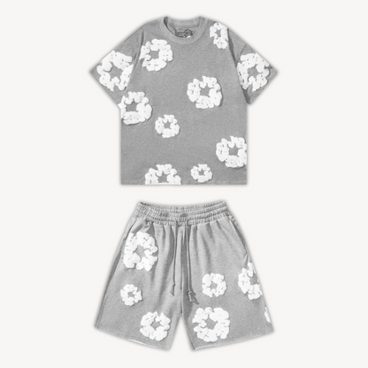 Unisex cotton wreath summer set with black base and white floral print; T-shirt and shorts ensemble for stylish comfort.