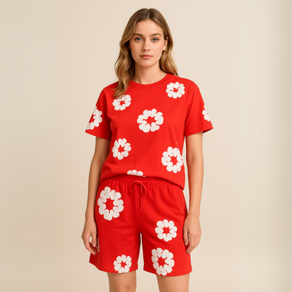Unisex cotton wreath summer set with black base and white floral print; T-shirt and shorts ensemble for stylish comfort.