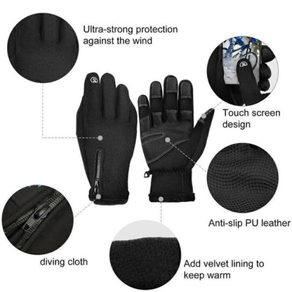 "Unisex electric thermal winter gloves, sleek black, waterproof, touchscreen fingers, USB-heated pads for ultimate warmth."