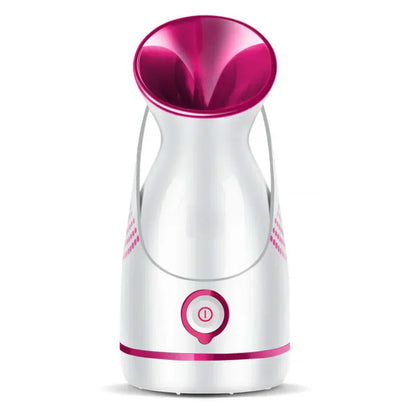 "Unisex nano-ionic skin rejuvenation steamer emits fine mist for deep hydration, suitable for all skin types, stylish design.