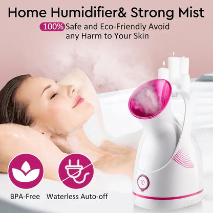"Unisex nano-ionic skin rejuvenation steamer emits fine mist for deep hydration, suitable for all skin types, stylish design.