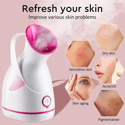 "Unisex nano-ionic skin rejuvenation steamer emits fine mist for deep hydration, suitable for all skin types, stylish design.