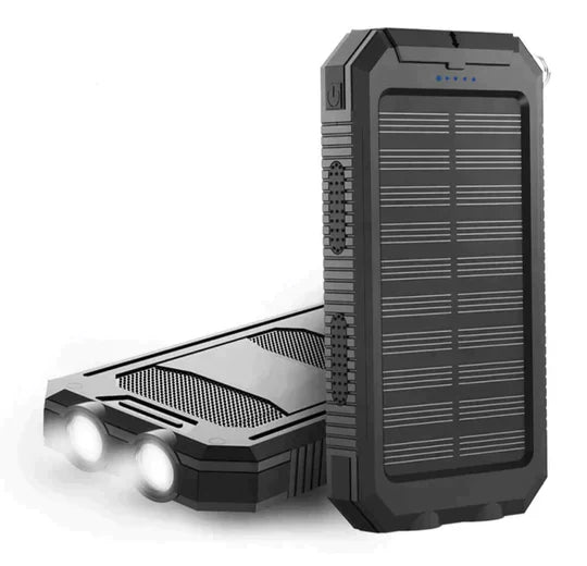"Unisex portable solar power bank with IP67 waterproof, dual USB output, sleek design, ideal for outdoor adventures."