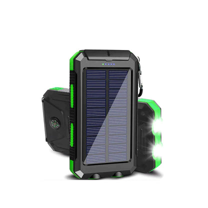 "Unisex portable solar power bank with IP67 waterproof, dual USB output, sleek design, ideal for outdoor adventures."