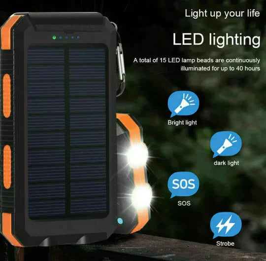 "Unisex portable solar power bank with IP67 waterproof, dual USB output, sleek design, ideal for outdoor adventures."