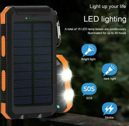 "Unisex portable solar power bank with IP67 waterproof, dual USB output, sleek design, ideal for outdoor adventures."