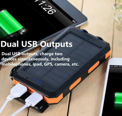 "Unisex portable solar power bank with IP67 waterproof, dual USB output, sleek design, ideal for outdoor adventures."