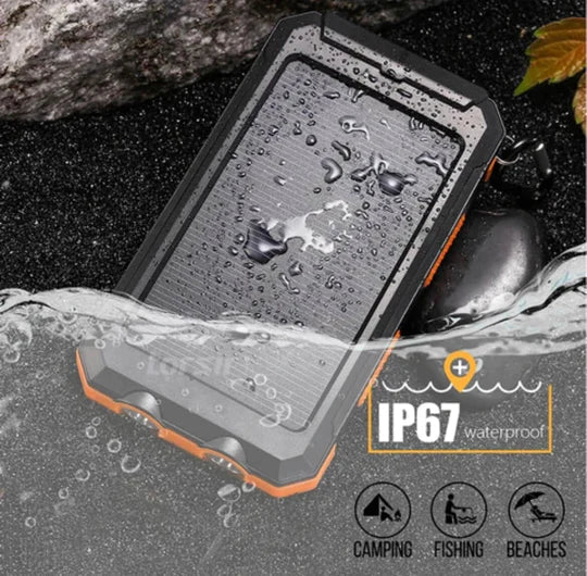"Unisex portable solar power bank with IP67 waterproof, dual USB output, sleek design, ideal for outdoor adventures."