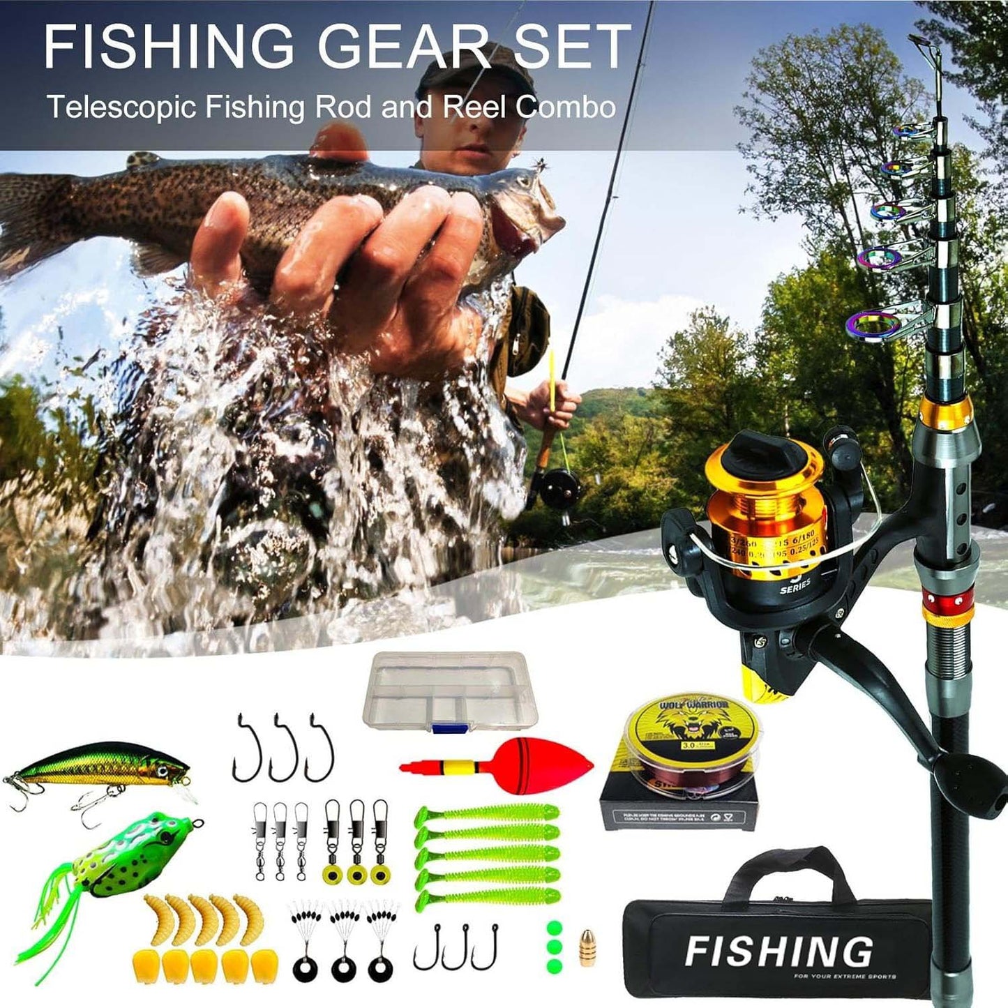 Unisex telescopic carbon fiber fishing rod kit with spinning reel and carrying bag for easy use, ideal for any angler.