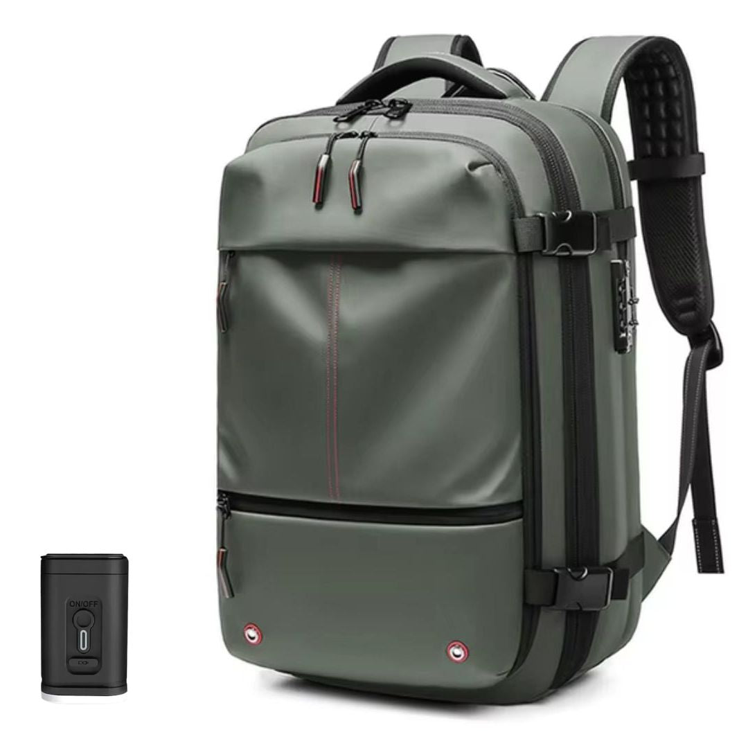 "Unisex Vacuum Travel Backpack with expandable design, anti-theft features, and dry/wet separation in Black, Blue, Gray, Gree