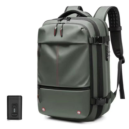 "Unisex Vacuum Travel Backpack with expandable design, anti-theft features, and dry/wet separation in Black, Blue, Gray, Gree