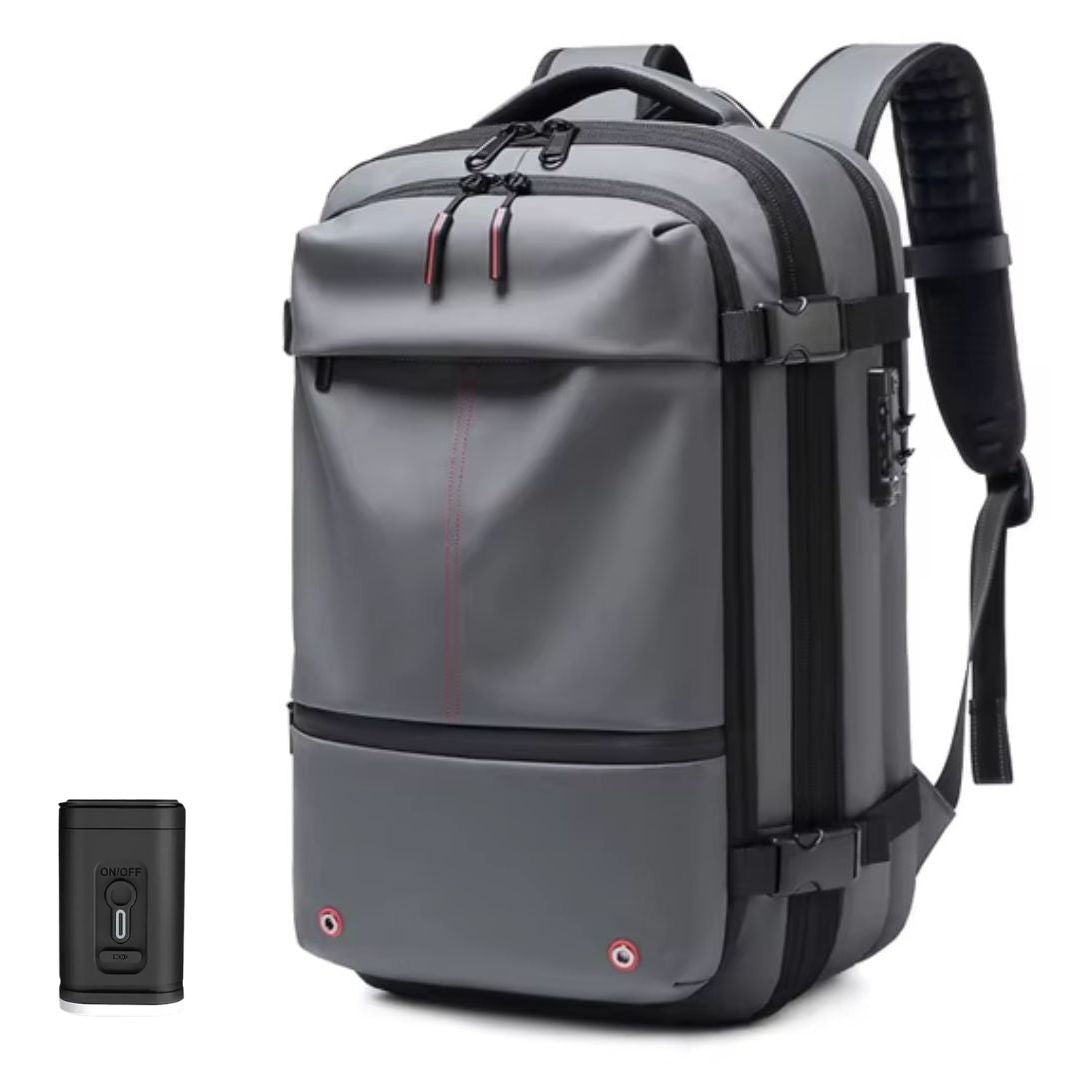 "Unisex Vacuum Travel Backpack with expandable design, anti-theft features, and dry/wet separation in Black, Blue, Gray, Gree
