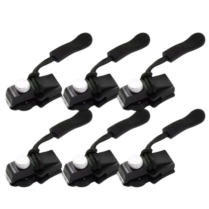 "Unisex zipper repair clip 6-pack, alloy and nylon, universal fit. Snap-on design for quick no-sew fixes on clothes and bags.