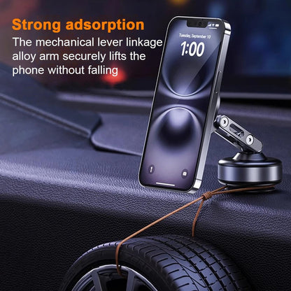 "Universal magnetic car phone holder with 360° rotation, showcasing powerful magnetic grip and electric suction capability."