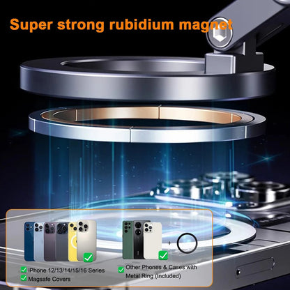 "Universal magnetic car phone holder with 360° rotation, showcasing powerful magnetic grip and electric suction capability."