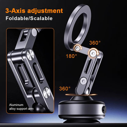 "Universal magnetic car phone holder with 360° rotation, showcasing powerful magnetic grip and electric suction capability."