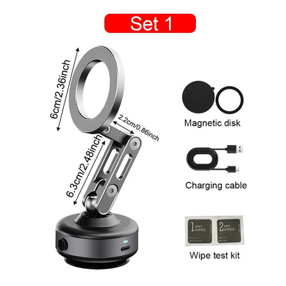 "Universal magnetic car phone holder with 360° rotation, showcasing powerful magnetic grip and electric suction capability."