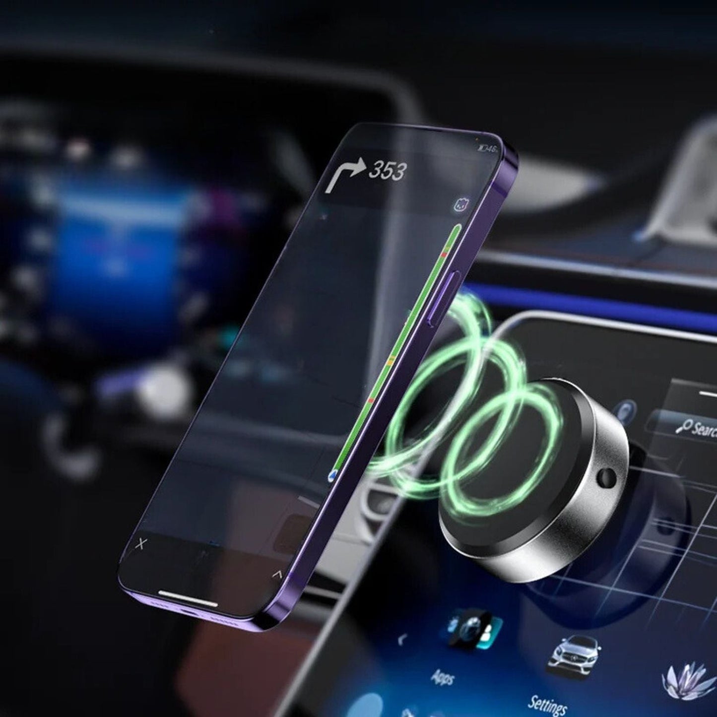 "Universal magnetic car phone holder with suction base, sleek black design, strong grip, adjustable for optimal view."