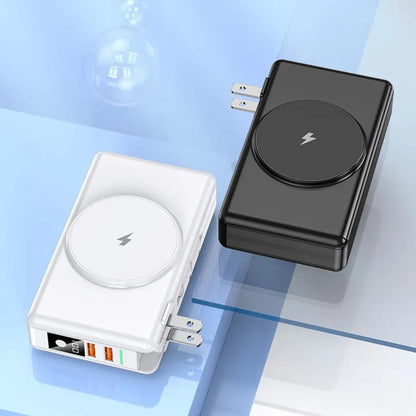 "Universal power bank 20000mAh with built-in cables, USB-C, lightning connectors, compact design, ideal for travel."
