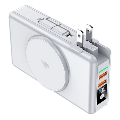 "Universal power bank 20000mAh with built-in cables, USB-C, lightning connectors, compact design, ideal for travel."