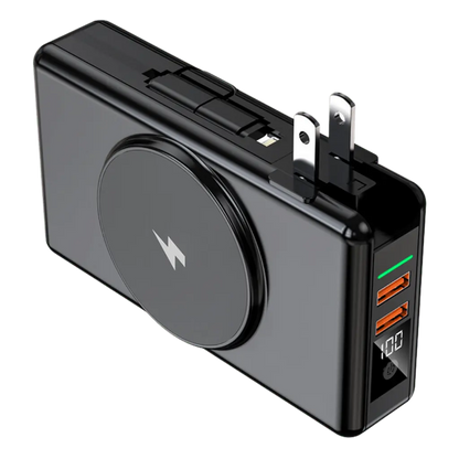 "Universal power bank 20000mAh with built-in cables, USB-C, lightning connectors, compact design, ideal for travel."