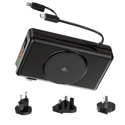 "Universal power bank 20000mAh with built-in cables, USB-C, lightning connectors, compact design, ideal for travel."