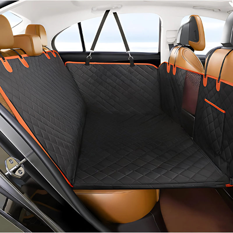 "Universal waterproof pet car seat cover with memory foam, plush and durable, fits any car for pet comfort and protection."