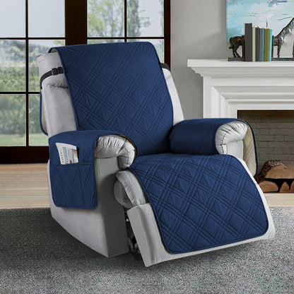 Universal waterproof recliner slipcover, water-repellent, stain-resistant in navy blue, elastic hems for easy fit.