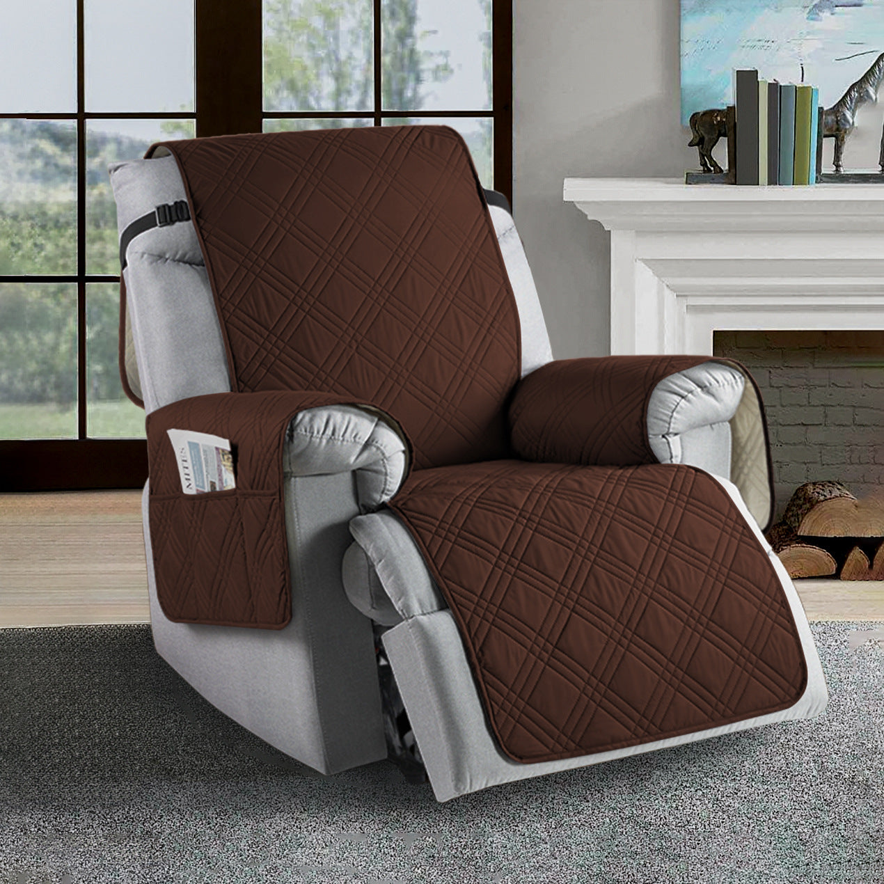 Universal waterproof recliner slipcover, water-repellent, stain-resistant in navy blue, elastic hems for easy fit.
